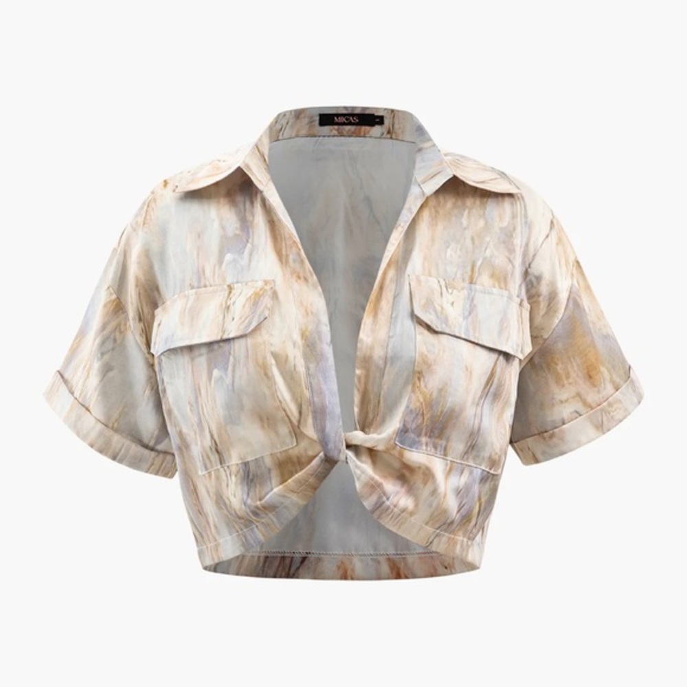 Micas Marble Print Twist Hem Crop Shirt S CC11-1
